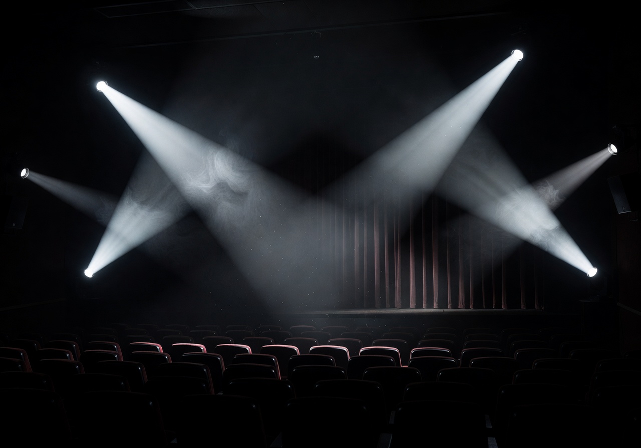 Cinema spotlight beams cutting through darkness creating dramatic atmosphere