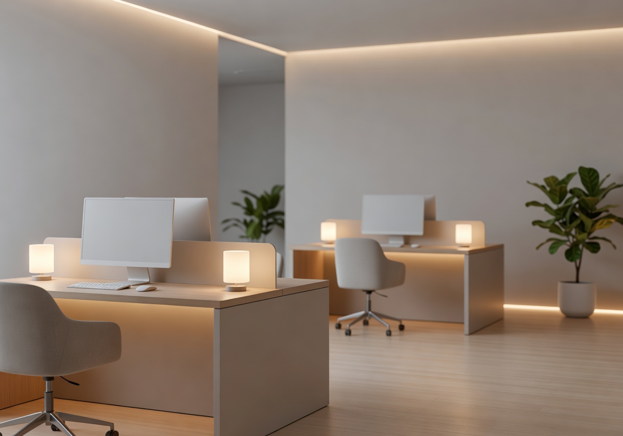 Customer support environment with warm lighting and minimal modern design