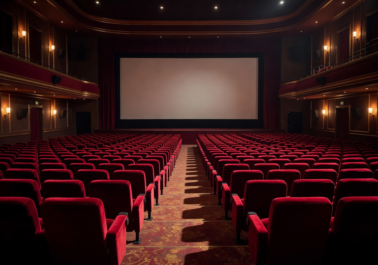 Dramatic cinema auditorium with red seats and cinematic screen glow