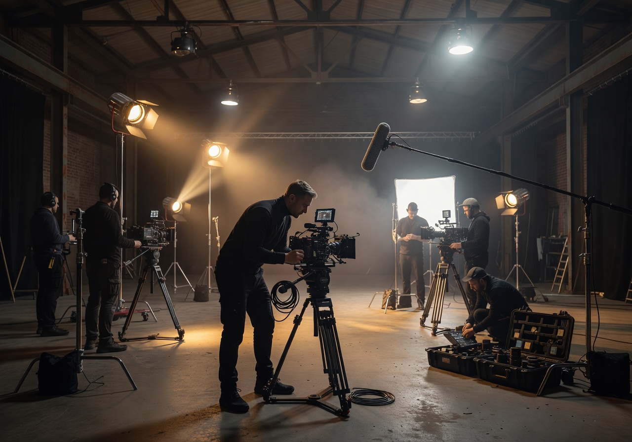 Film production set with cinematic lighting and professional camera equipment