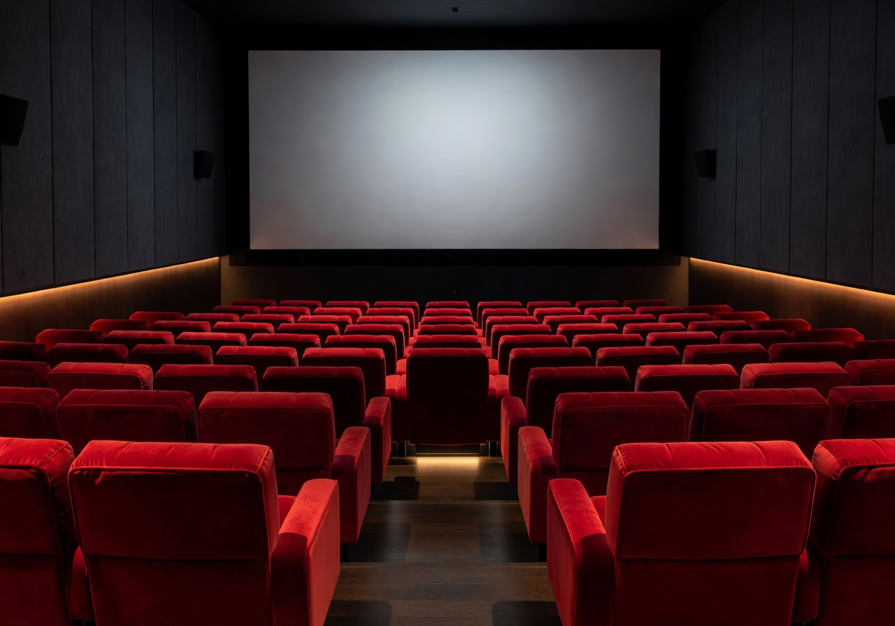 Luxury cinema screening room with plush red velvet seating and ambient lighting