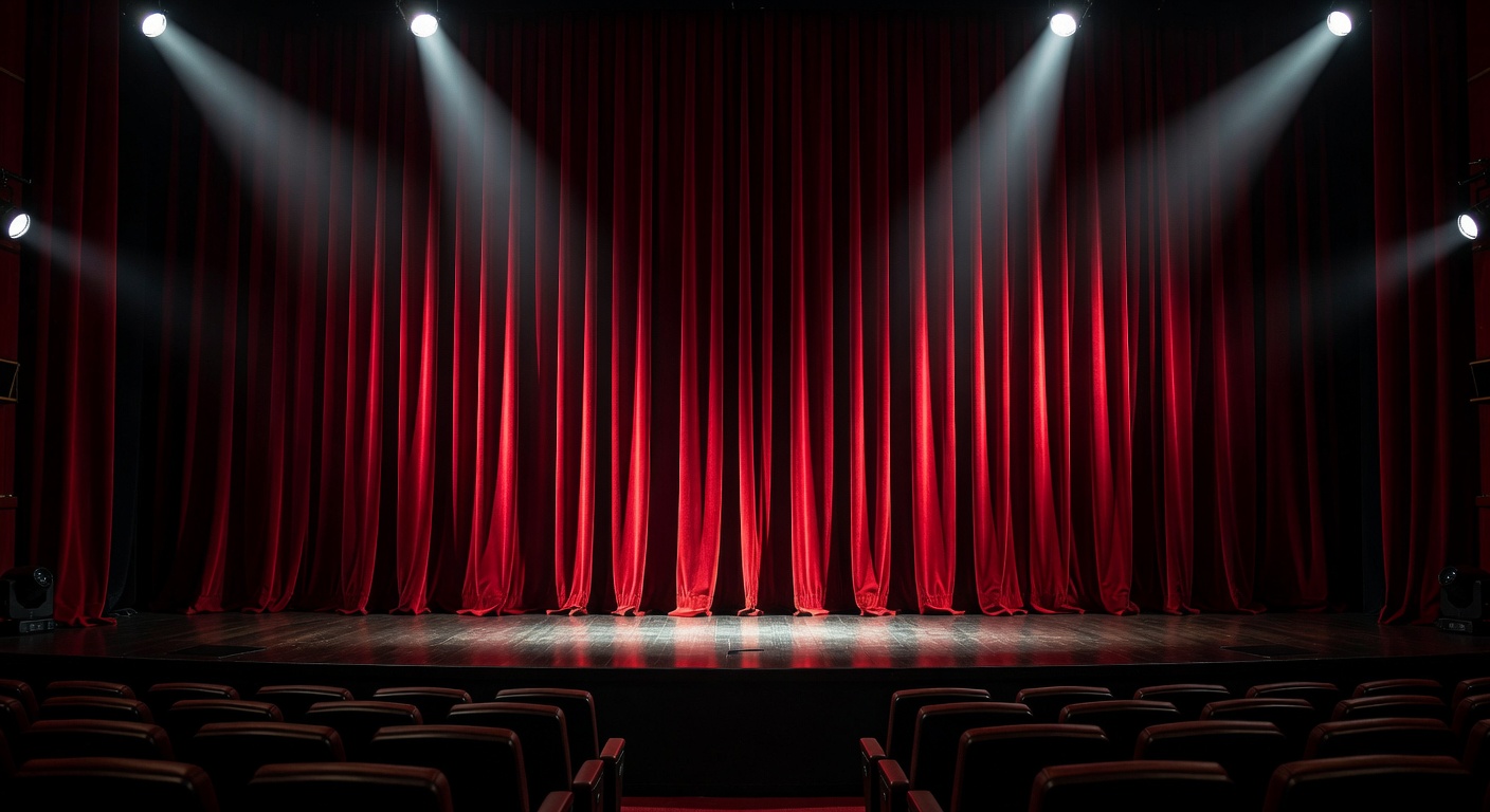 Luxury cinema stage with dramatic red curtains and spotlight illumination