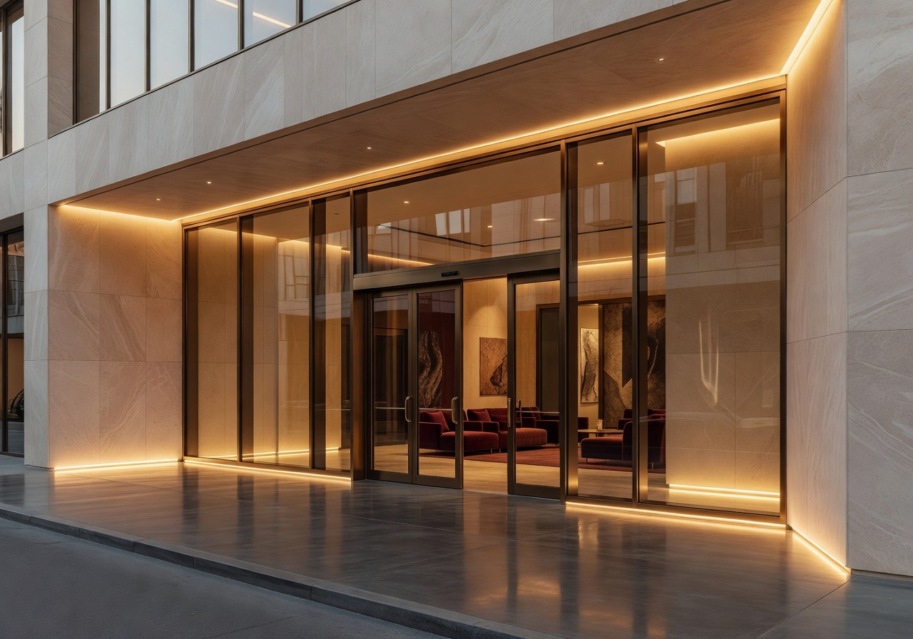 Modern cinema entrance with warm ambient lighting and elegant design