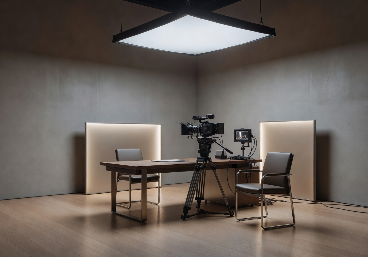 Modern film studio workspace with cinematic lighting and premium minimal design