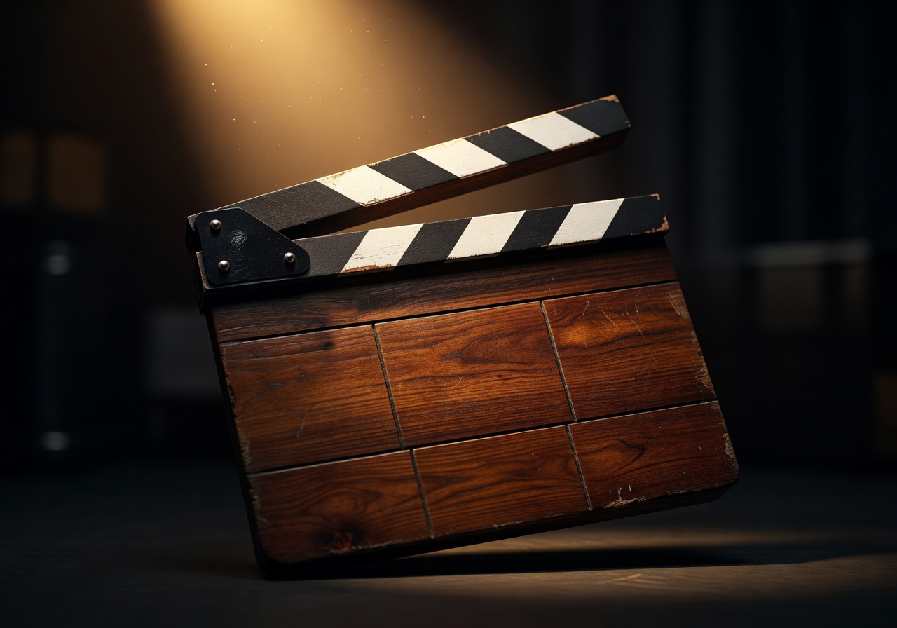 Movie clapperboard in dramatic close-up with warm spotlight lighting