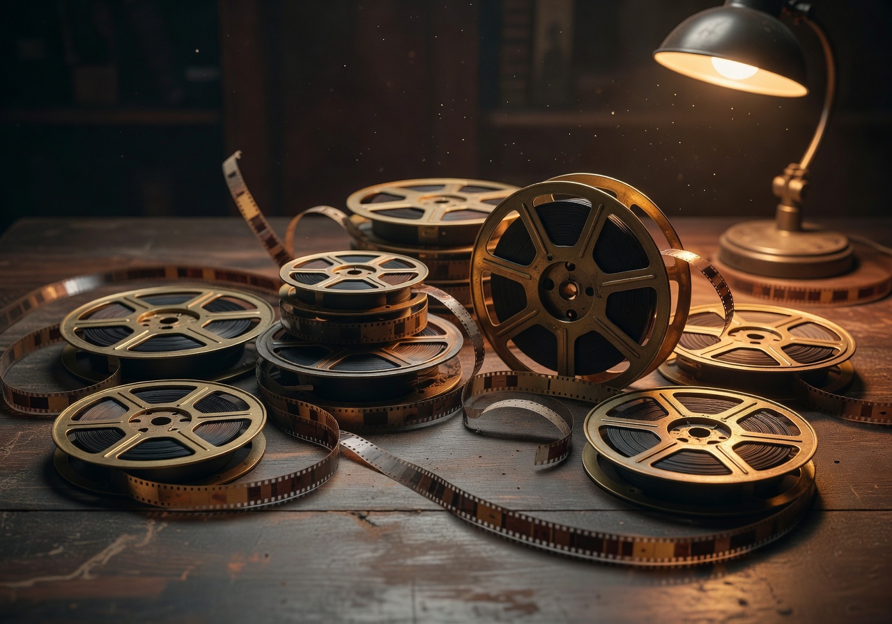 Vintage film reels arranged artistically with warm golden lighting